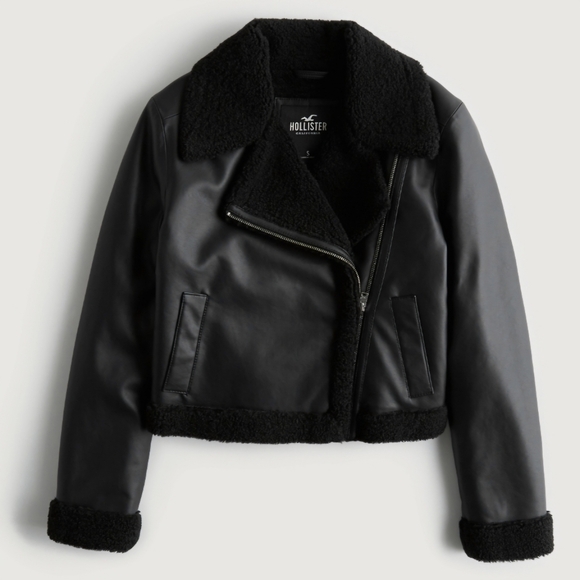 Crop Sherpa Lined Faux Leather Biker Jacket - Picture 1 of 3